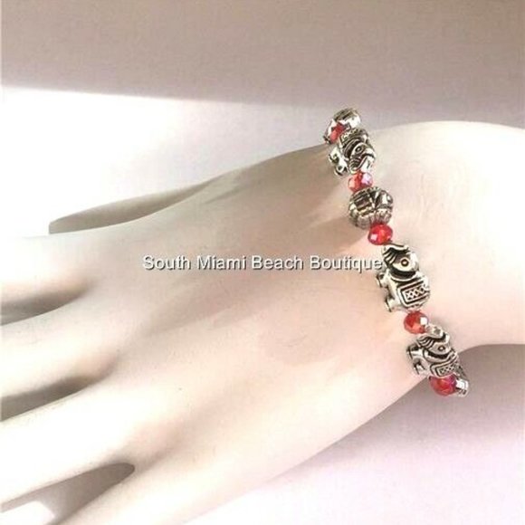Elephant Bead Charm Bracelet Silver Plated 7-8.5" Adjustable Red Boho Tribal - Picture 4 of 9